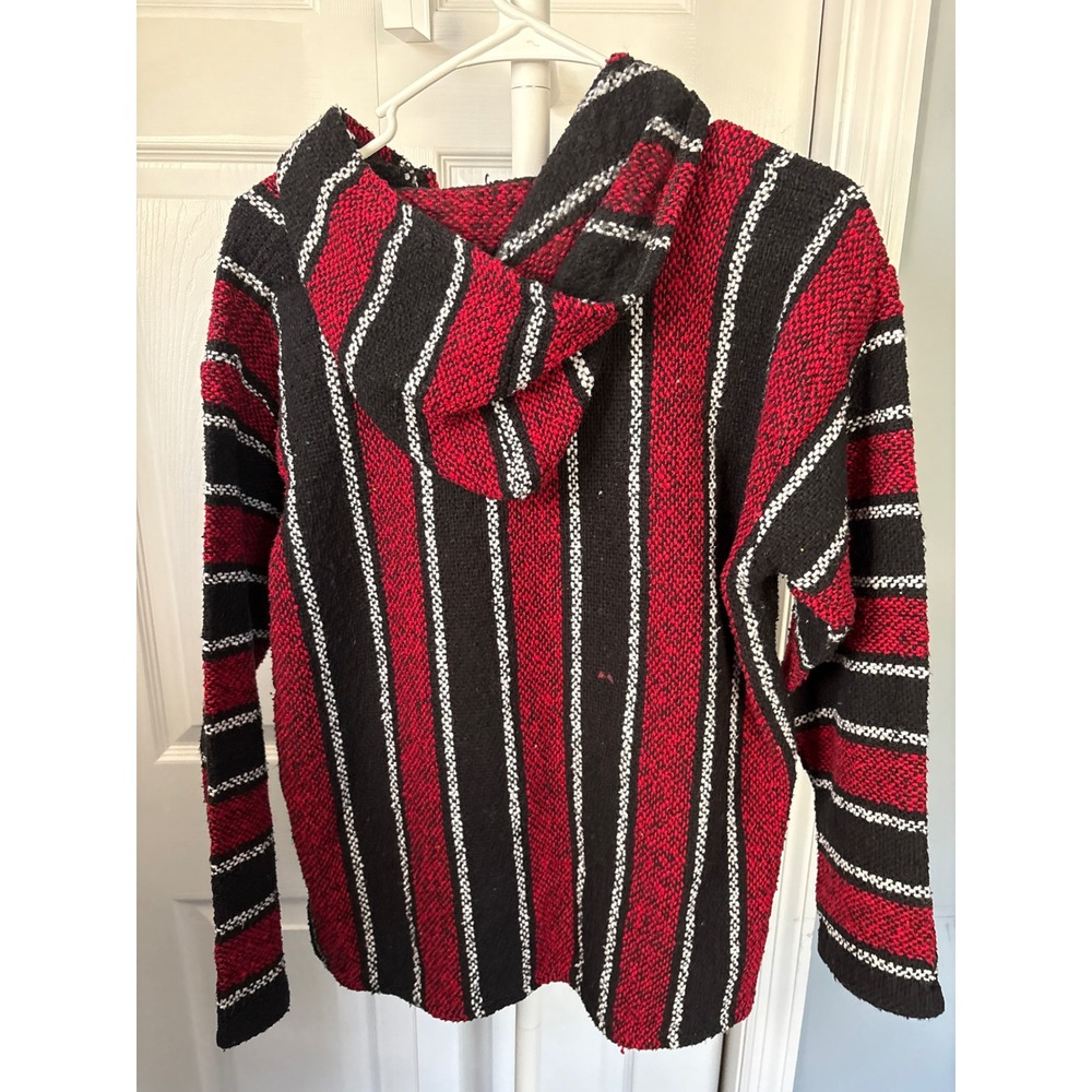 Franks Red Black Striped Baja Hoodie Mexican Jerka Pullover Recycled Fibers M - Picture 5 of 5